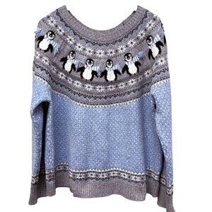 HOLIDAY TIME Penguins Fair Isle Christmas Sweater Womens XXL Blue Gray